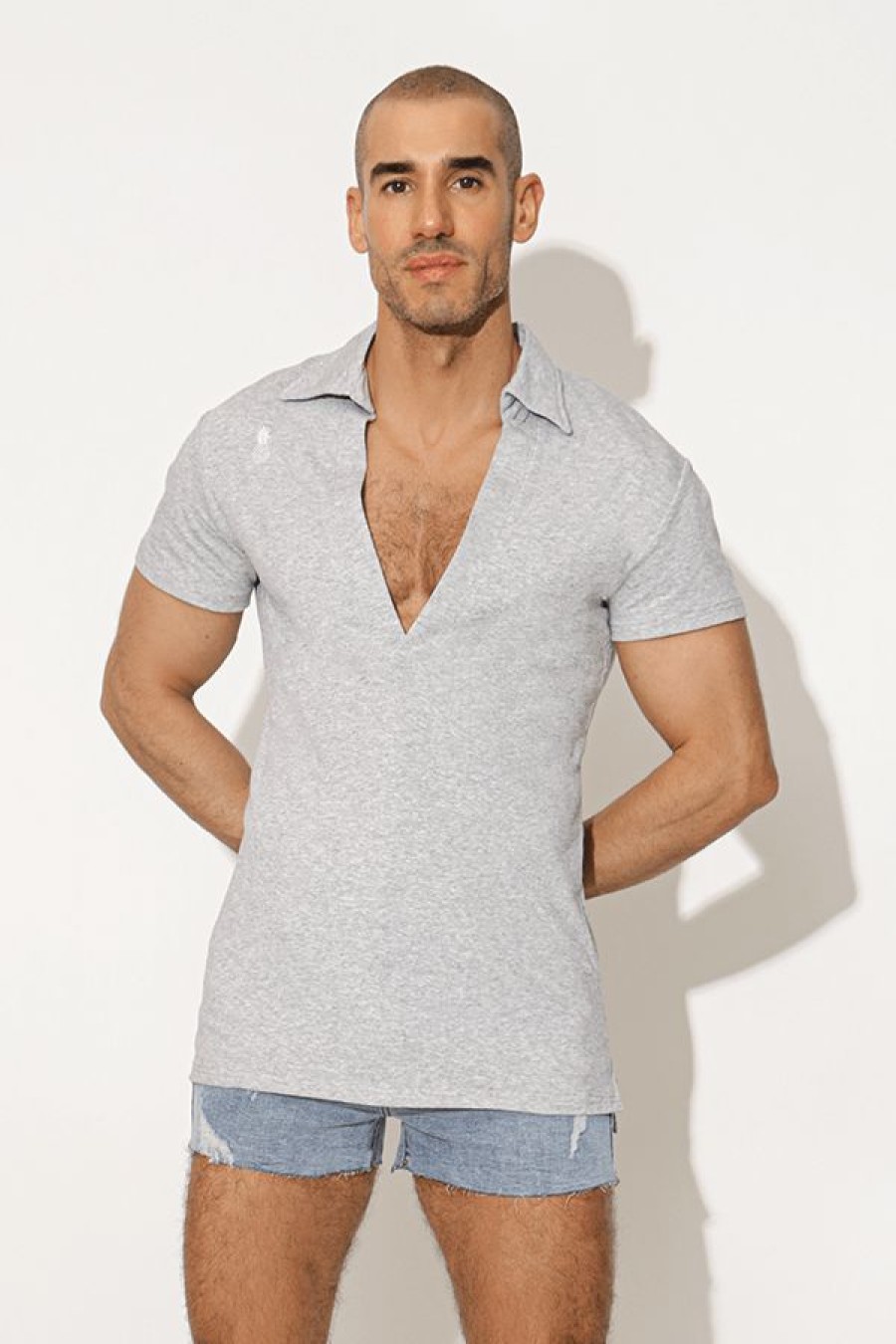 Tops * | Fitted Deep V Neck Polo Shirt Grey Top Sell