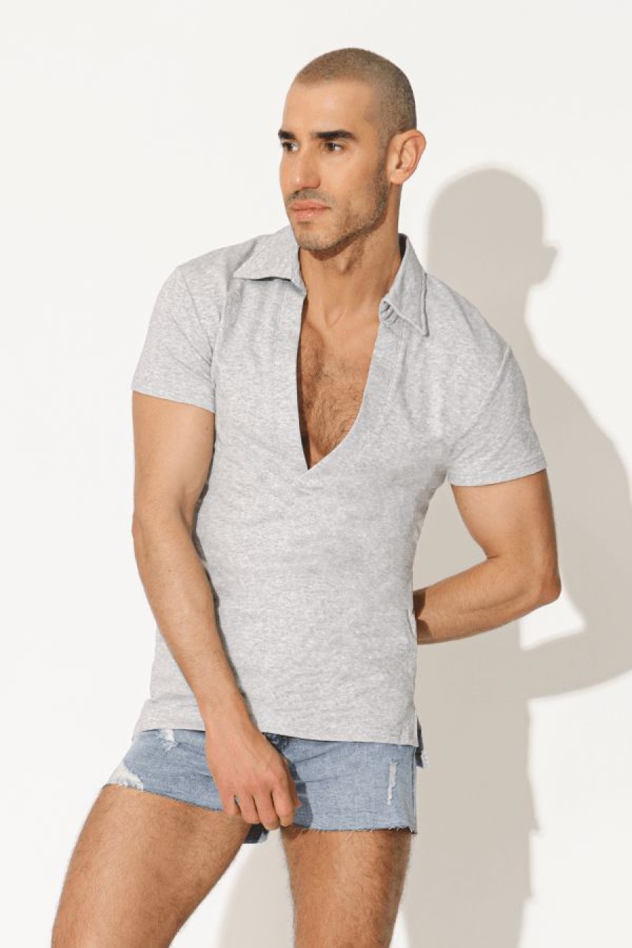 Tops * | Fitted Deep V Neck Polo Shirt Grey Top Sell